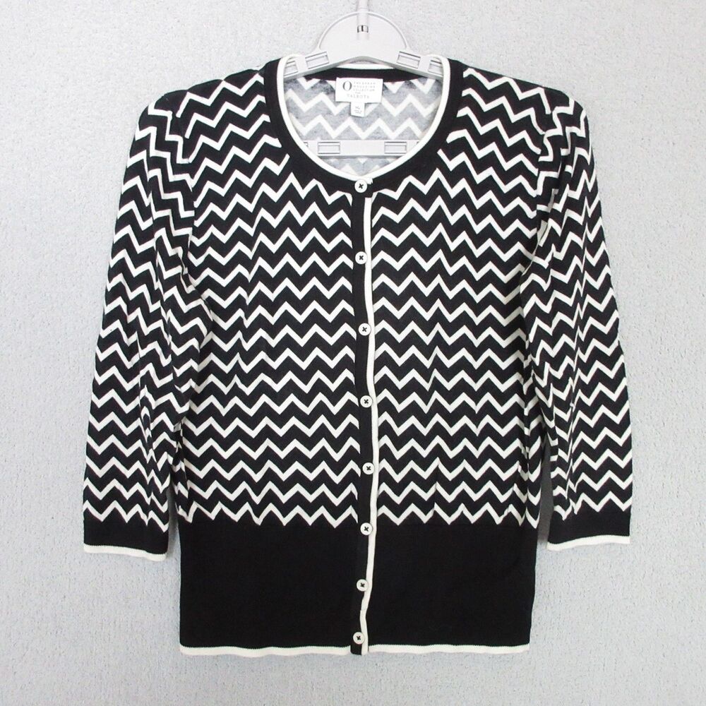 Talbots Cardigan Womens M Petite Black White Chevron Button Front Sweater Knit